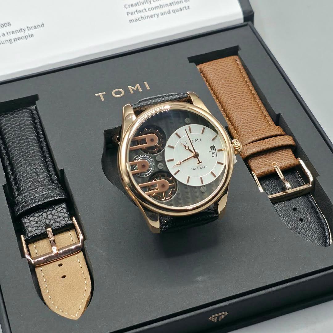 TOMI Asymmetric Dial Men's Gift Set with Dual Leather Straps