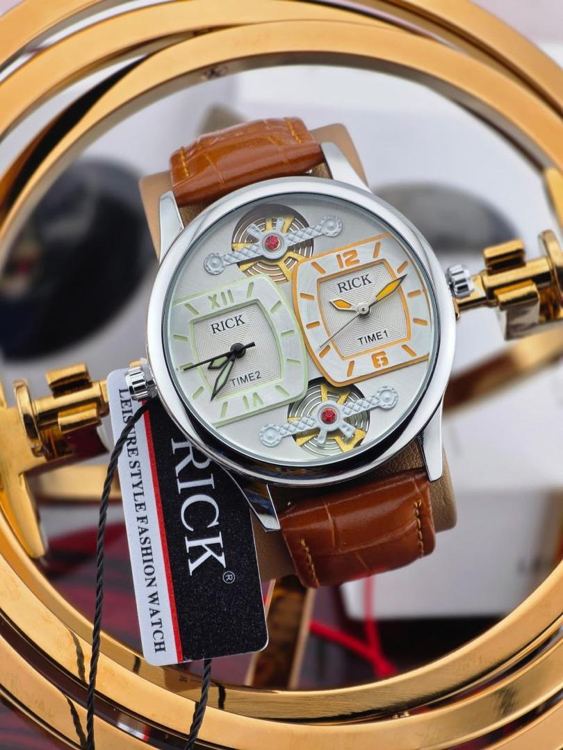 Rick Dual Time Zone Leather Strap Watch with Skeleton Accent