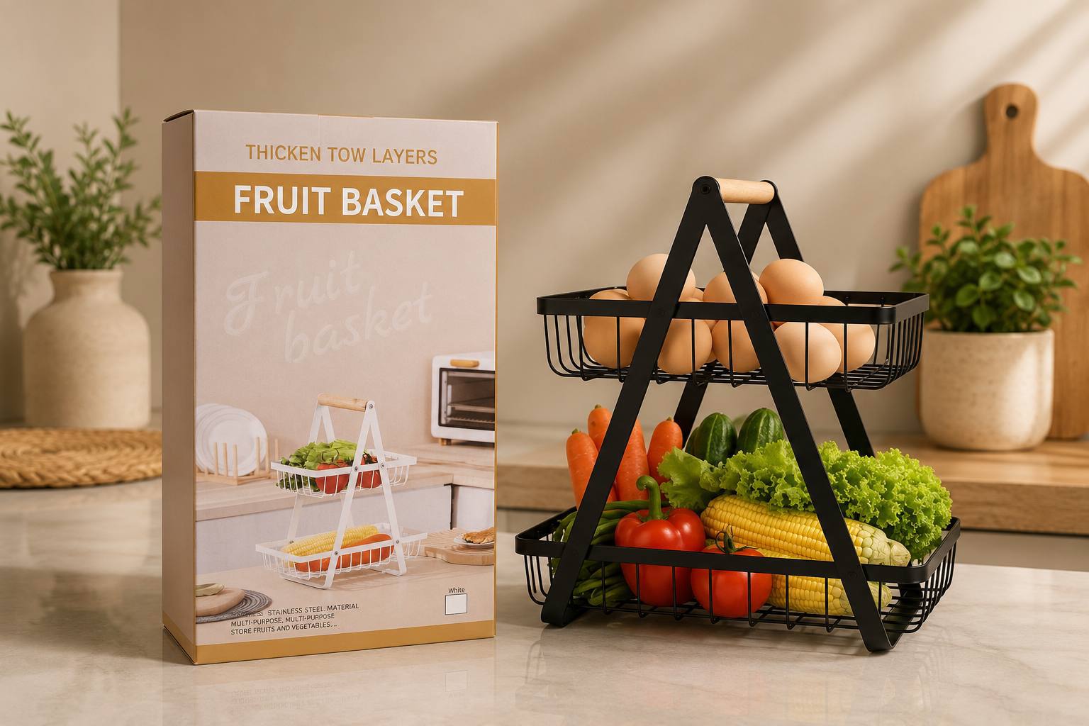 2-Tier Metal Fruit Basket with Wood Handle