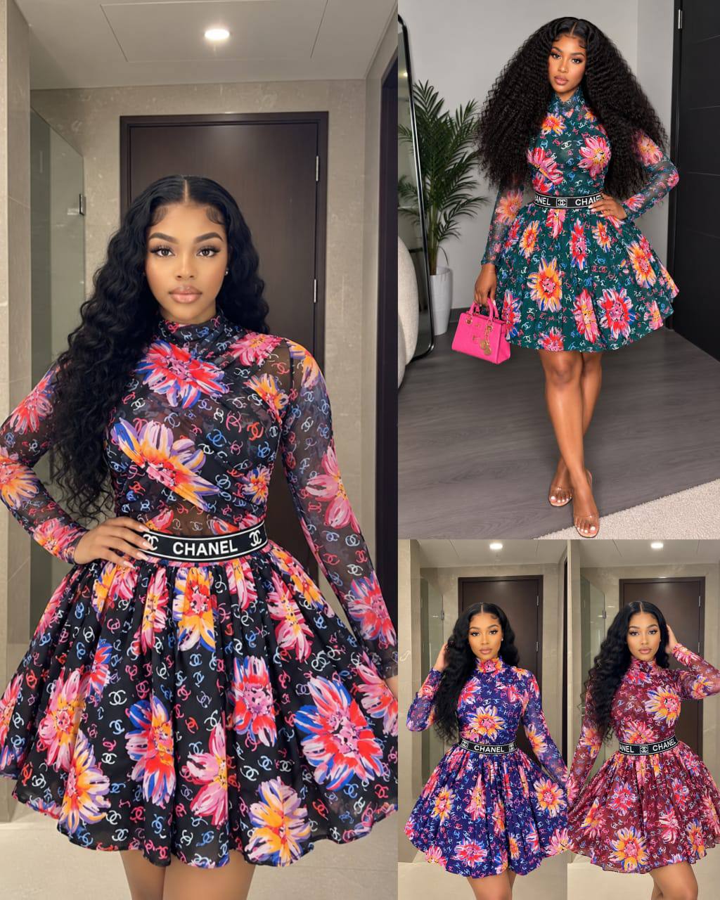 Chic Floral 2pcsMesh Long Sleeve Skater Dress with Waistband — Fashion — for sale in Oyo