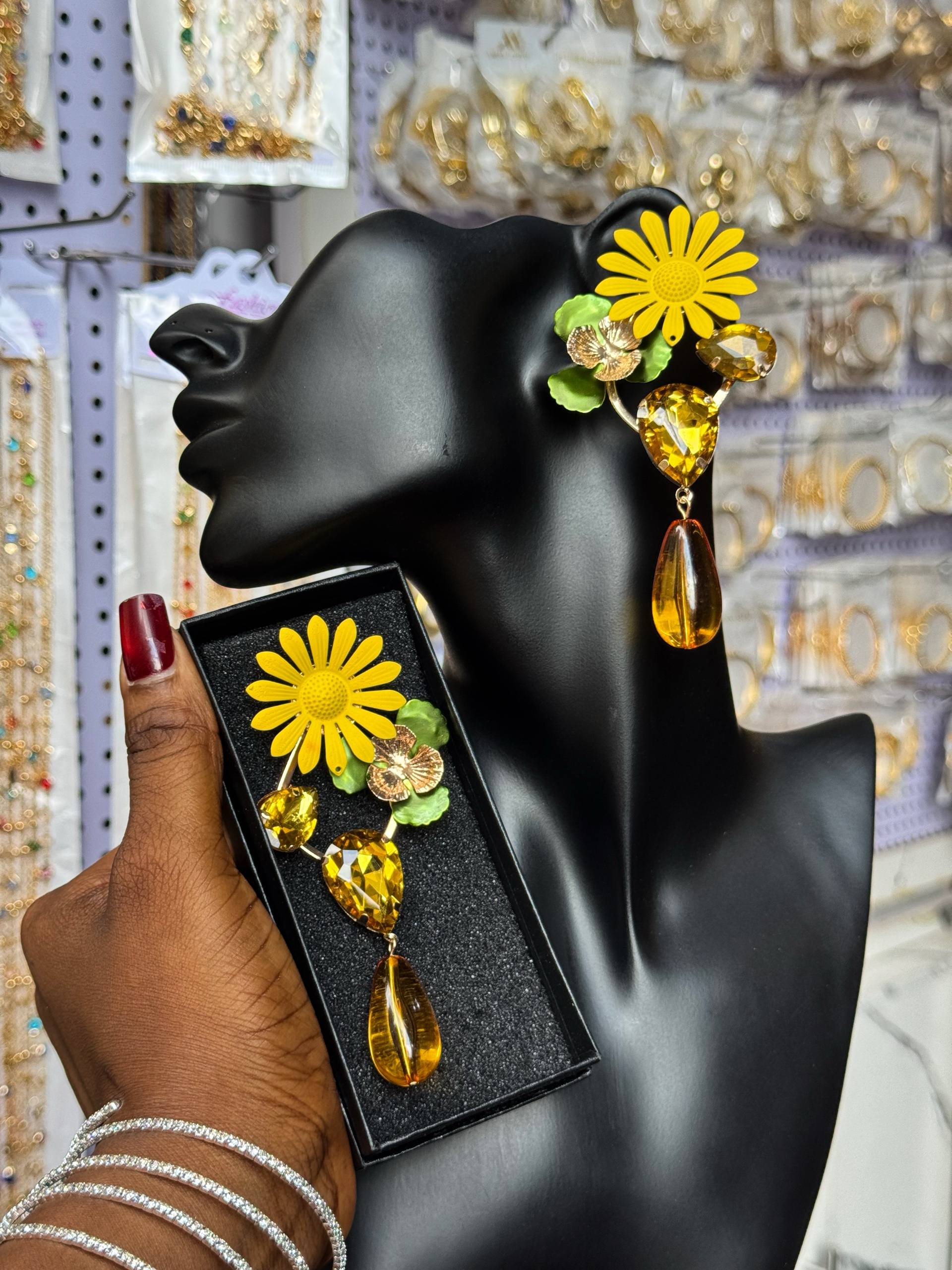 Beautiful Yellow Flower & Amber Drop Dangle Earrings