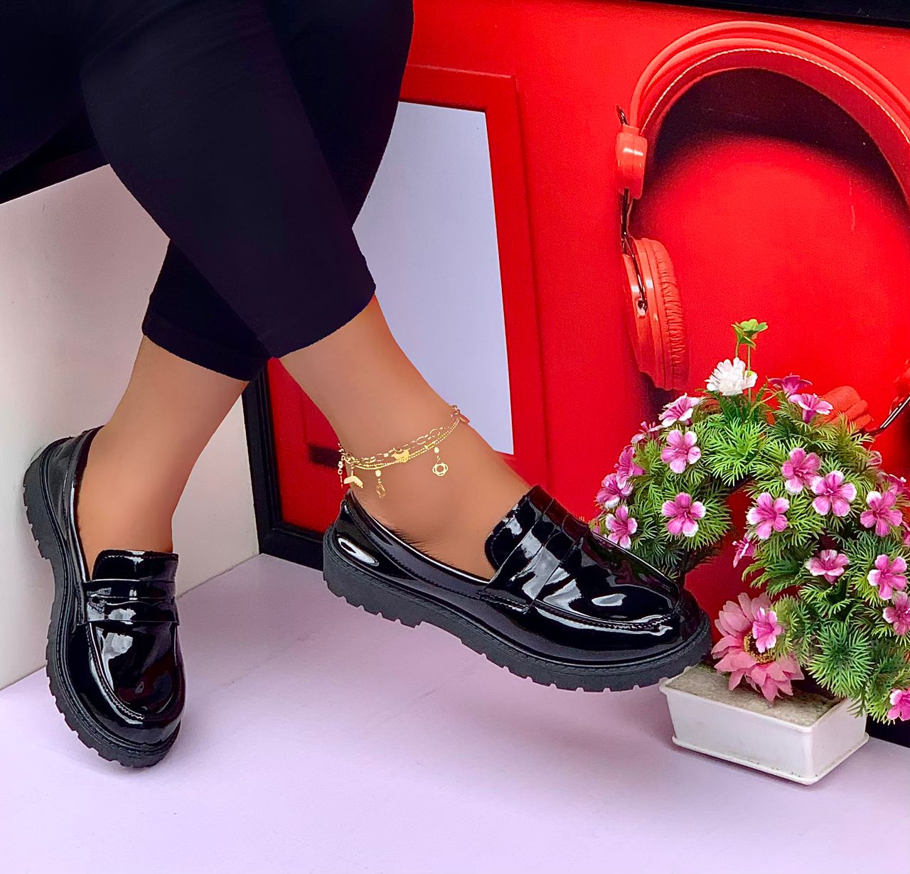 Shiny Black Patent Leather Loafers for Women