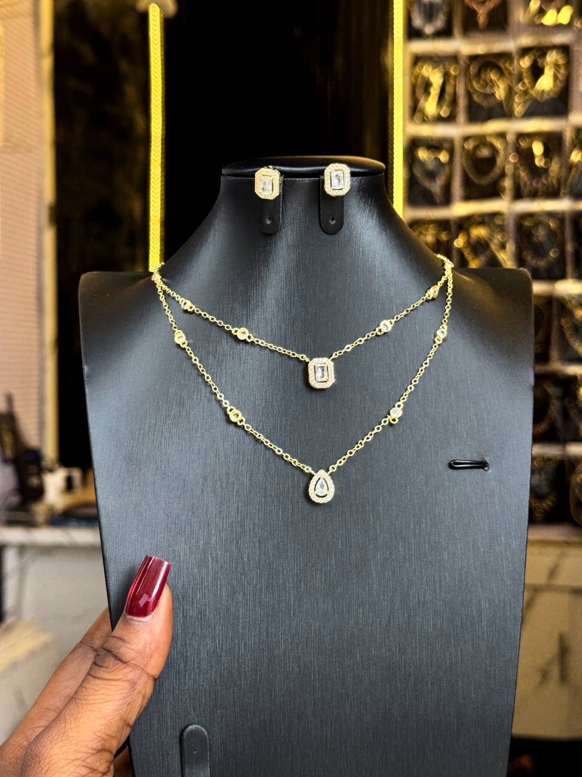 Sparkling Gold Layered Necklace & Stud Earrings Set