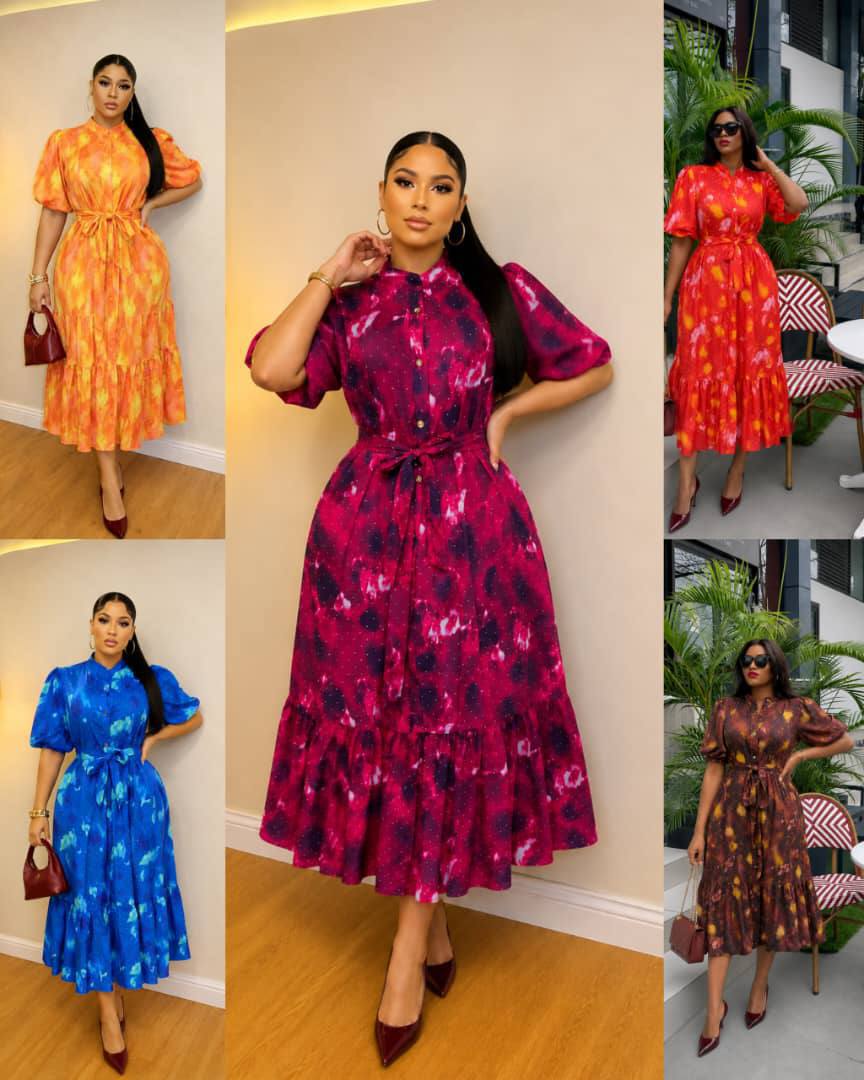Elegant Abstract Print Midi Dress with Belt