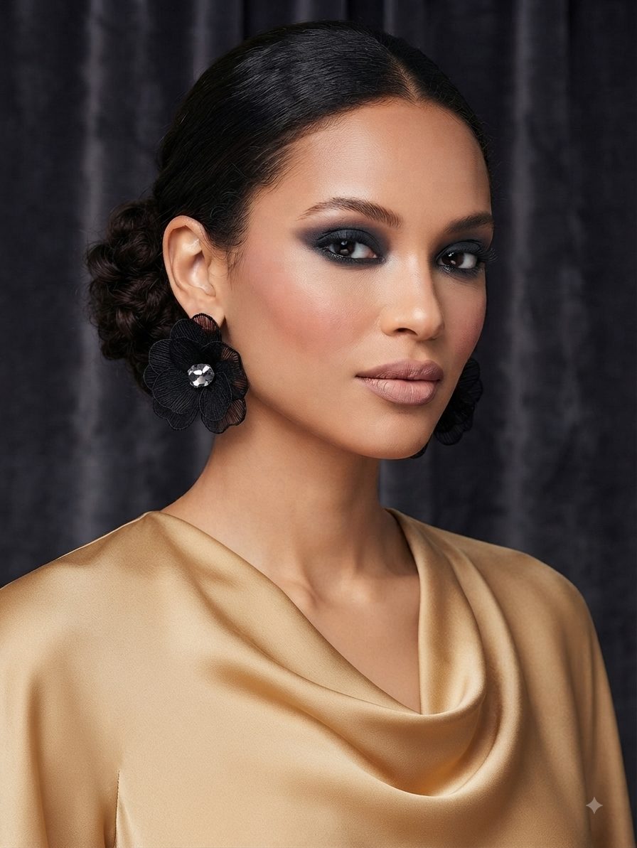 Stunning Black Floral Stud Earrings with Crystal
