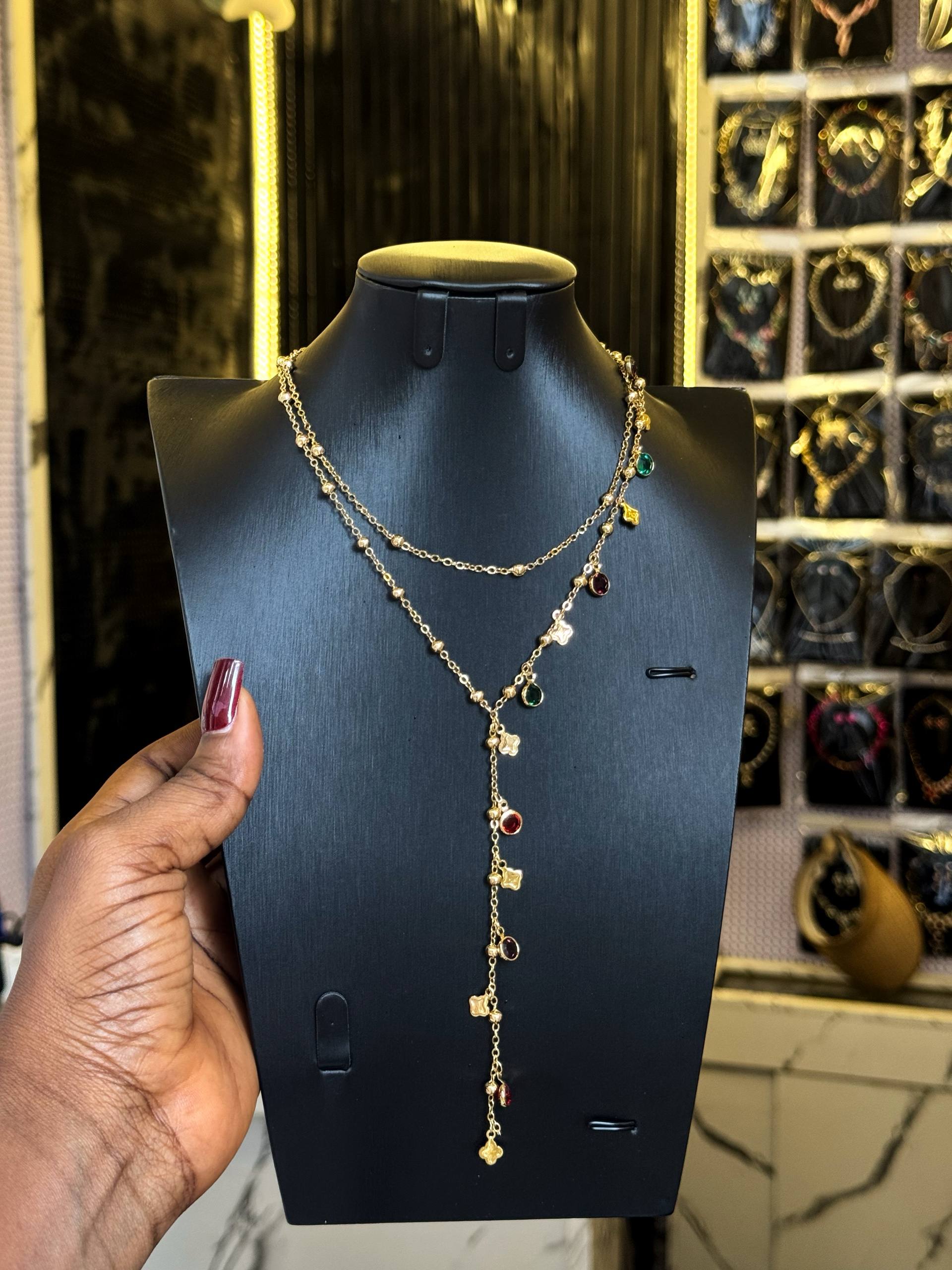 Layered Gold Necklace with Colourful Gemstone Charms