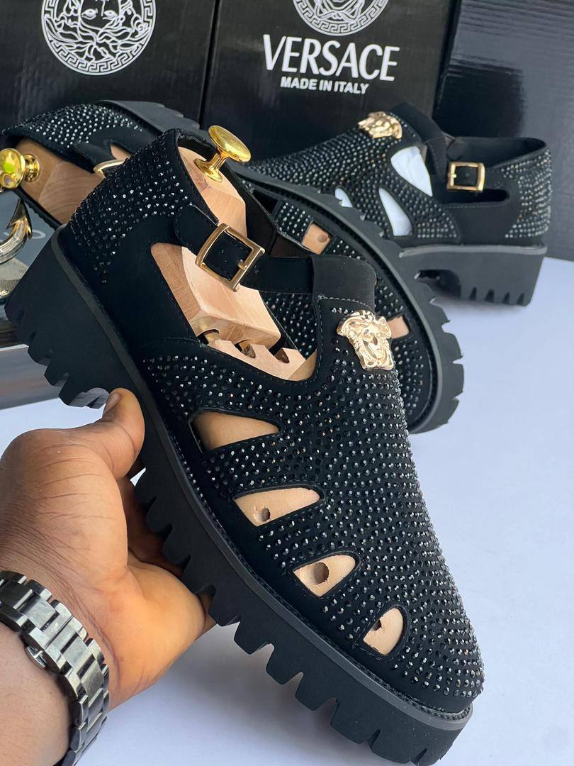Versace Embellished Black Strap Sandals