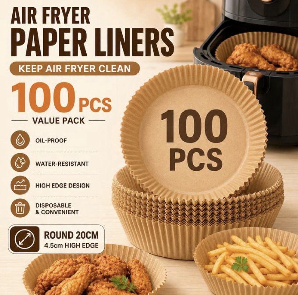Air Fryer Disposable Paper NonStick Airfryer Baking Papers Round (100PCS)