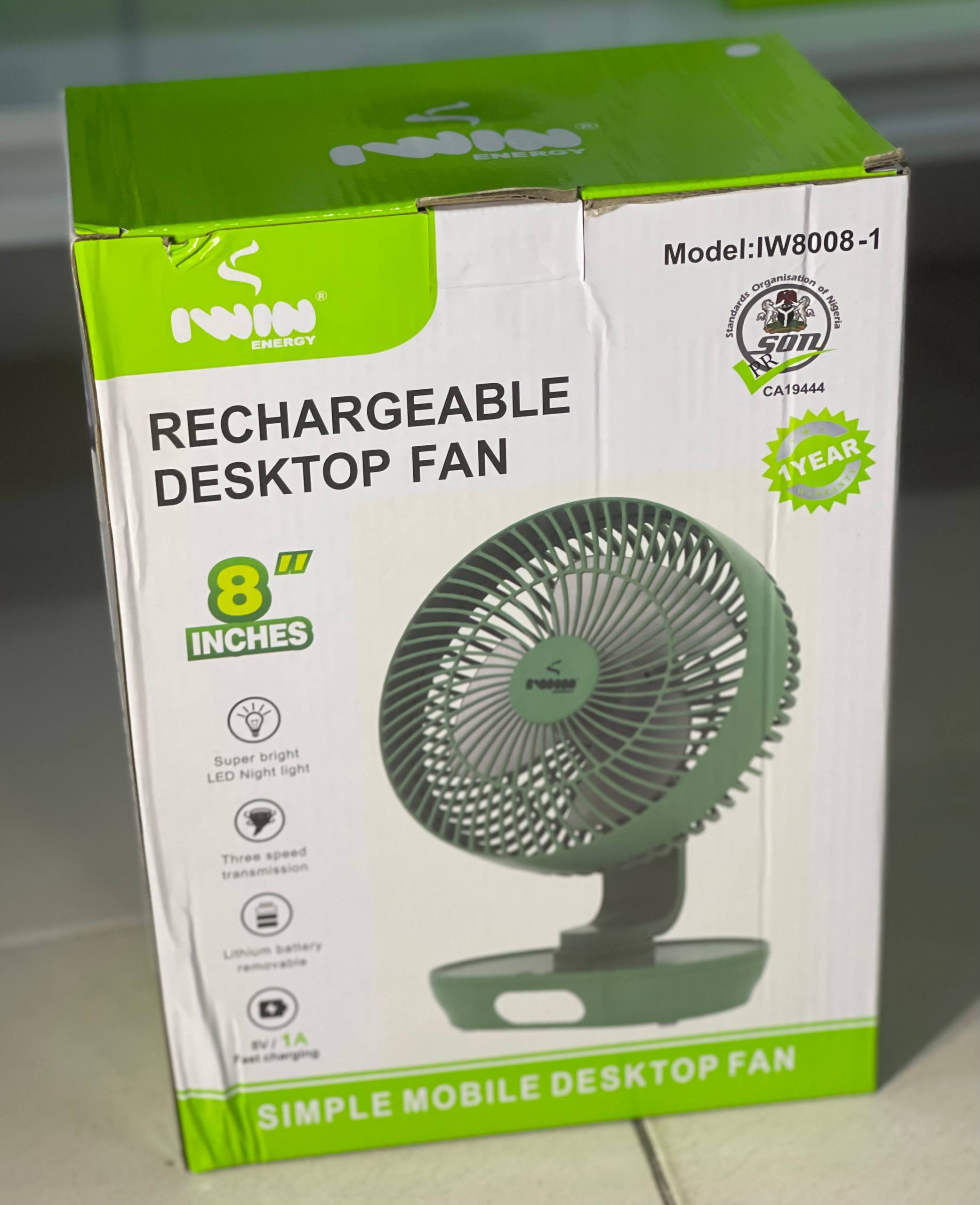 IWIN Energy IW8008-1 8" Rechargeable Desktop Fan