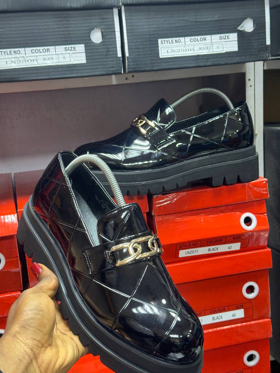 Black Patent Leather Loafers with Chain Detail