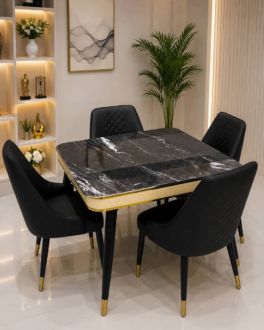 Black Marble Dining Table Set with 4 Chairs