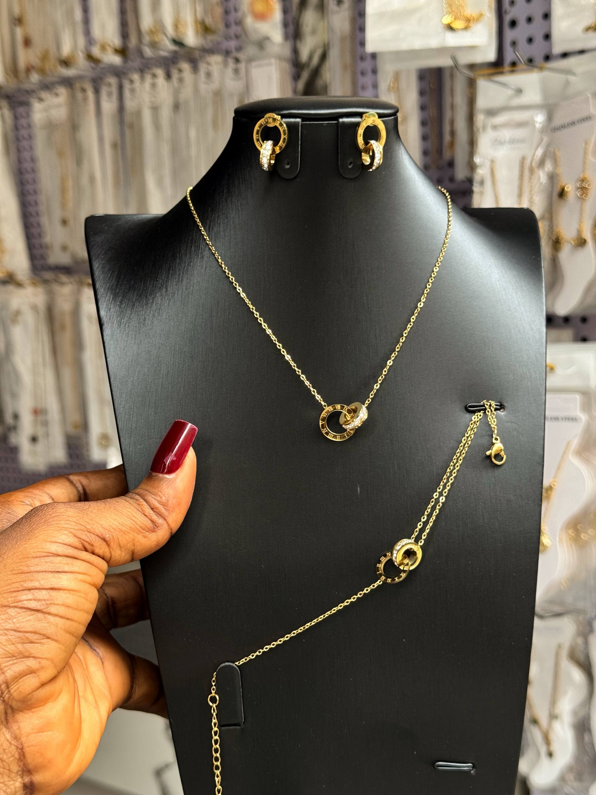 Gold Roman Numerals Jewelry Set - Necklace, Earrings, Bracel — Fashion — for sale in Oyo