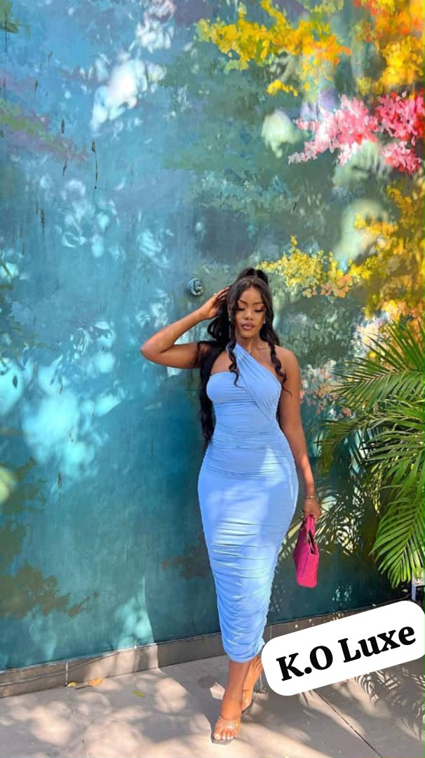 Light Blue Ruched One-Shoulder Midi Dress