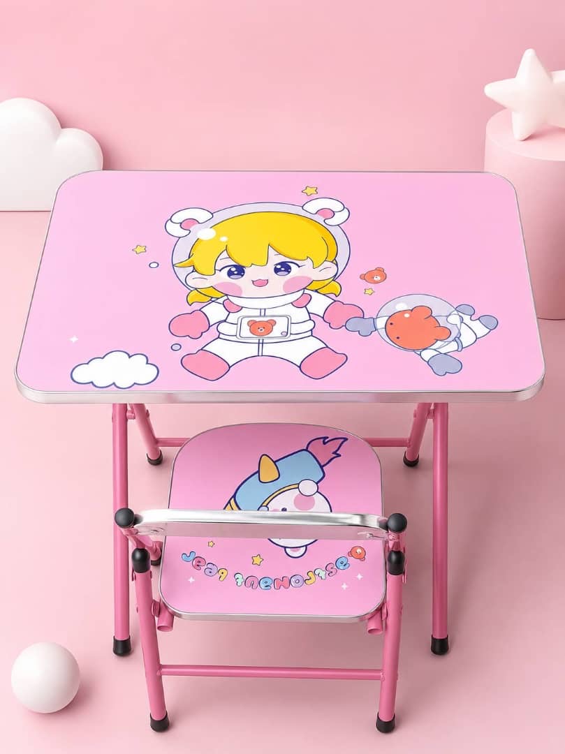 Kids Foldable Study Table & Chair Set Pink Astronaut Design