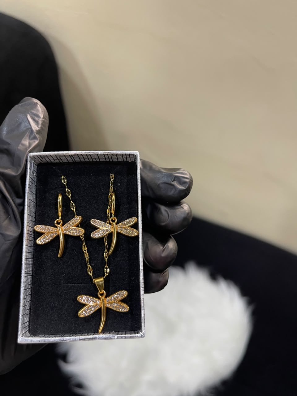 Charming Gold Dragonfly Pendant and Earrings Set