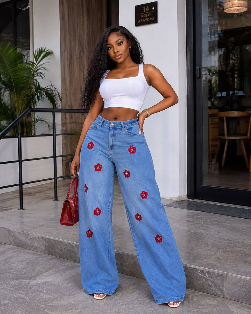 Light Blue Wide-Leg Embroidered Star Jeans