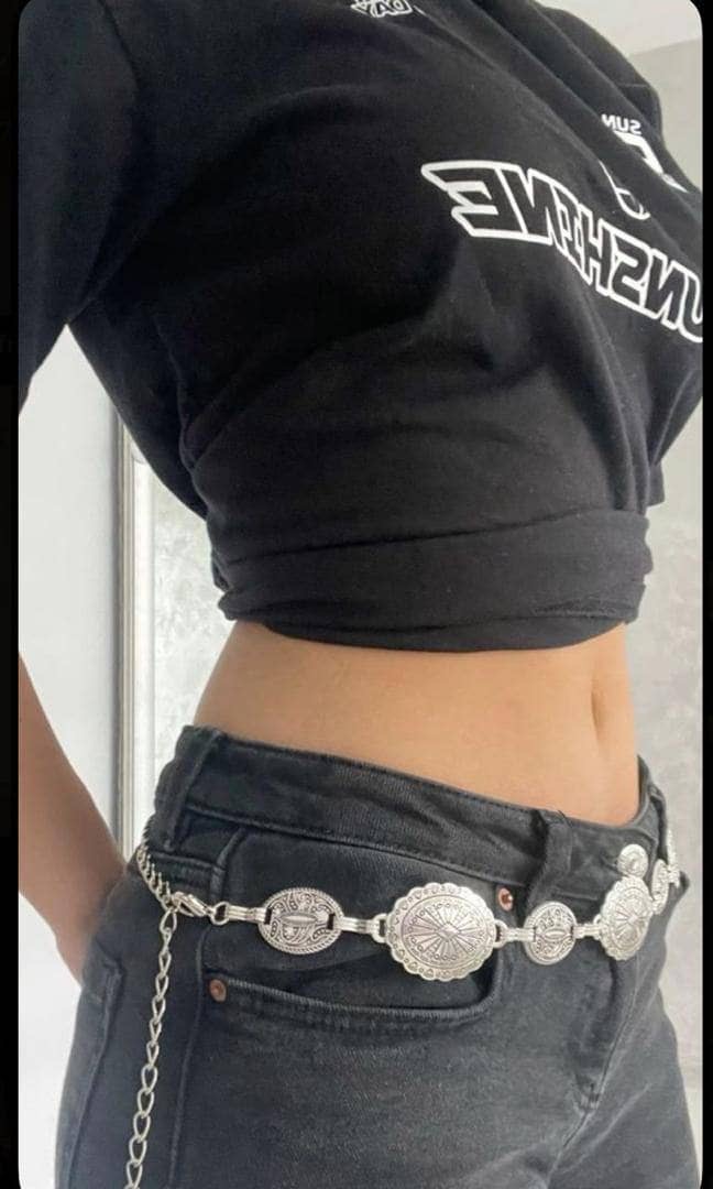 Vintage Metal Chain Belt with Engraved Oval Buckles
