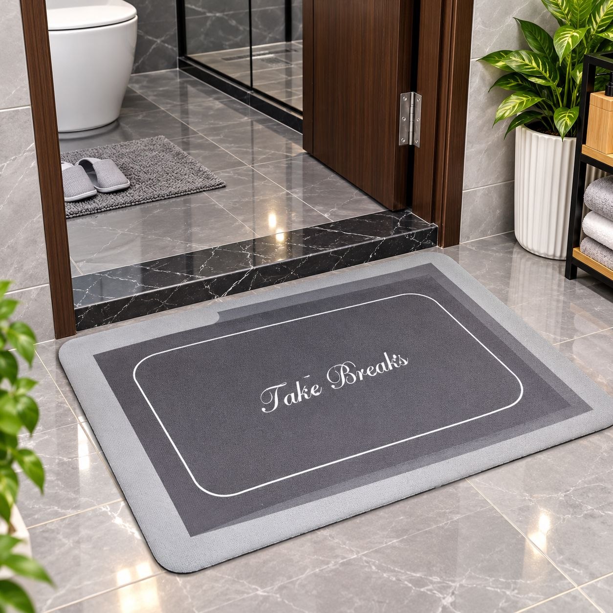 Stylish Grey Bath Mat - 'Take Breaks' Design