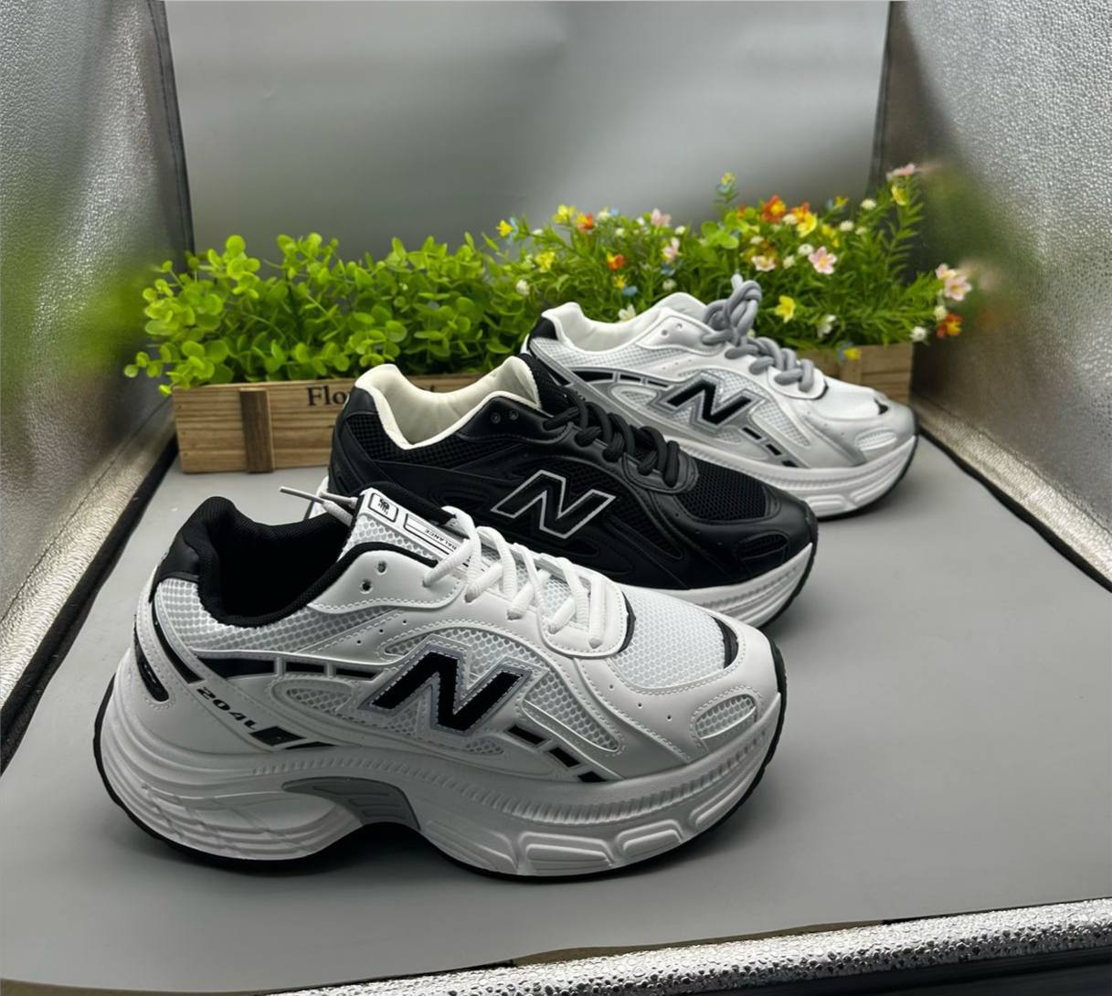 New Balance Chunky Sneakers (White, Black, Silver)