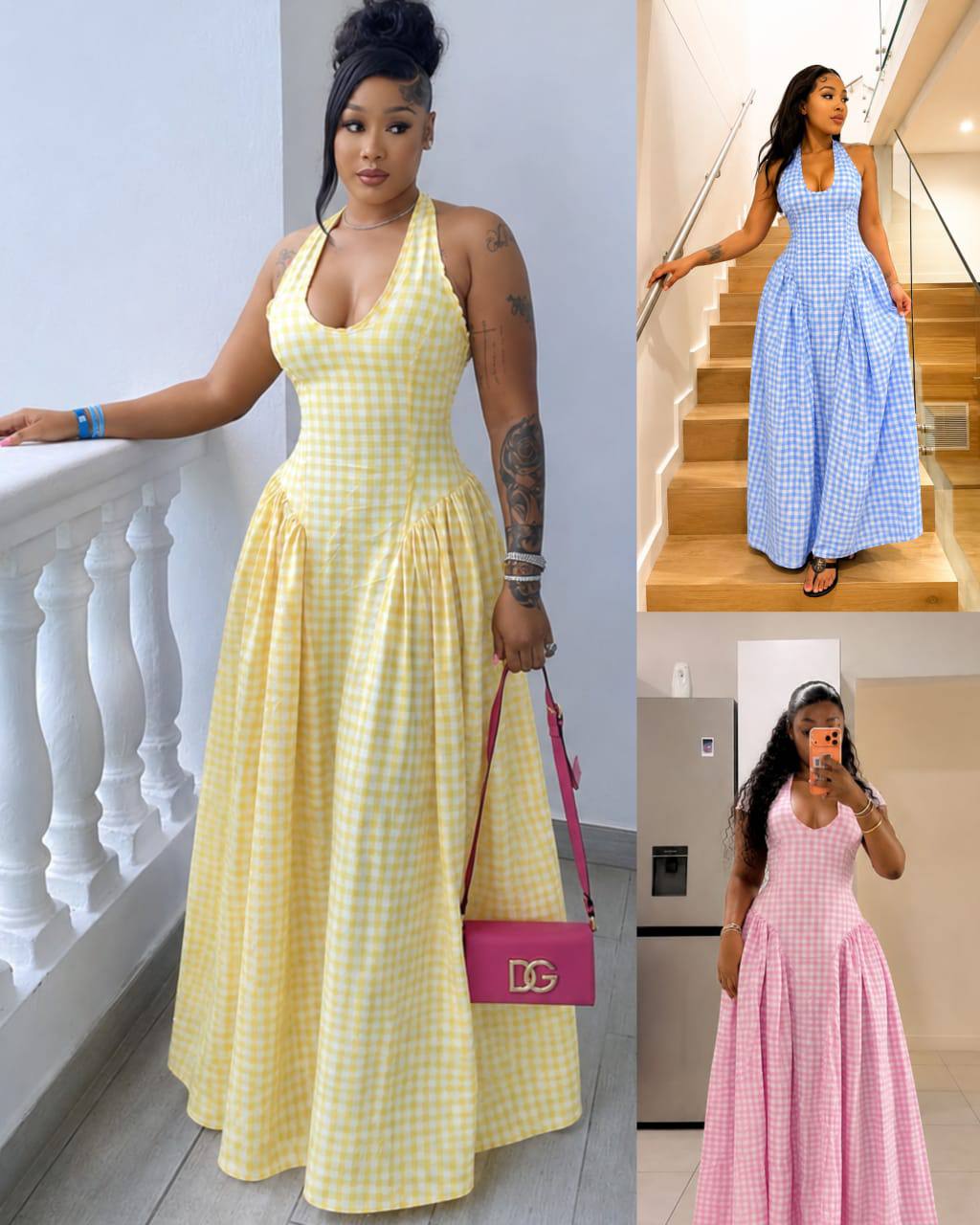 Chic Gingham Halter Neck Maxi Dress
