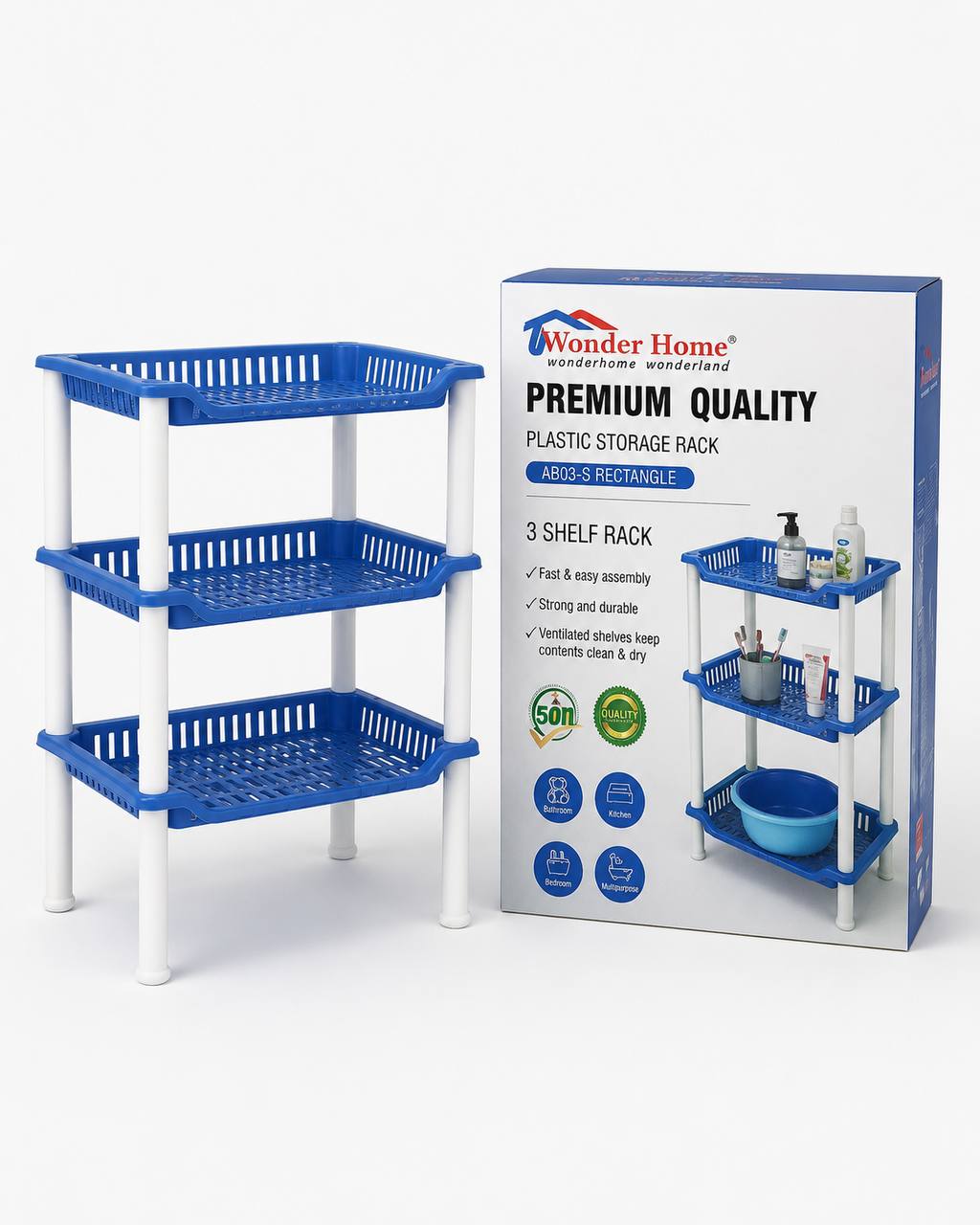 Wonder Home 3-Shelf Plastic Storage Rack - Blue/White