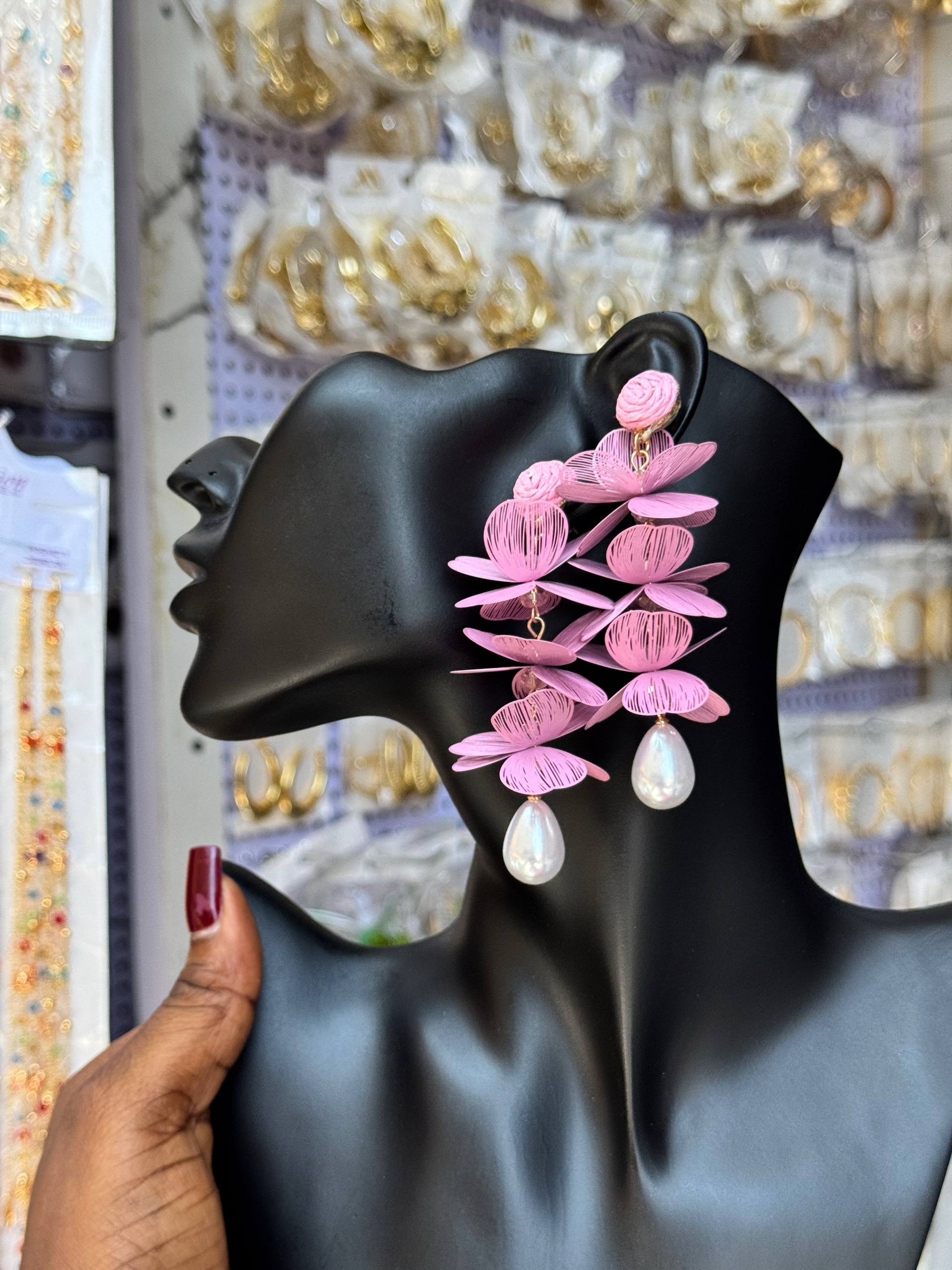 Beautiful Pink Floral Drop Earrings with Pearl