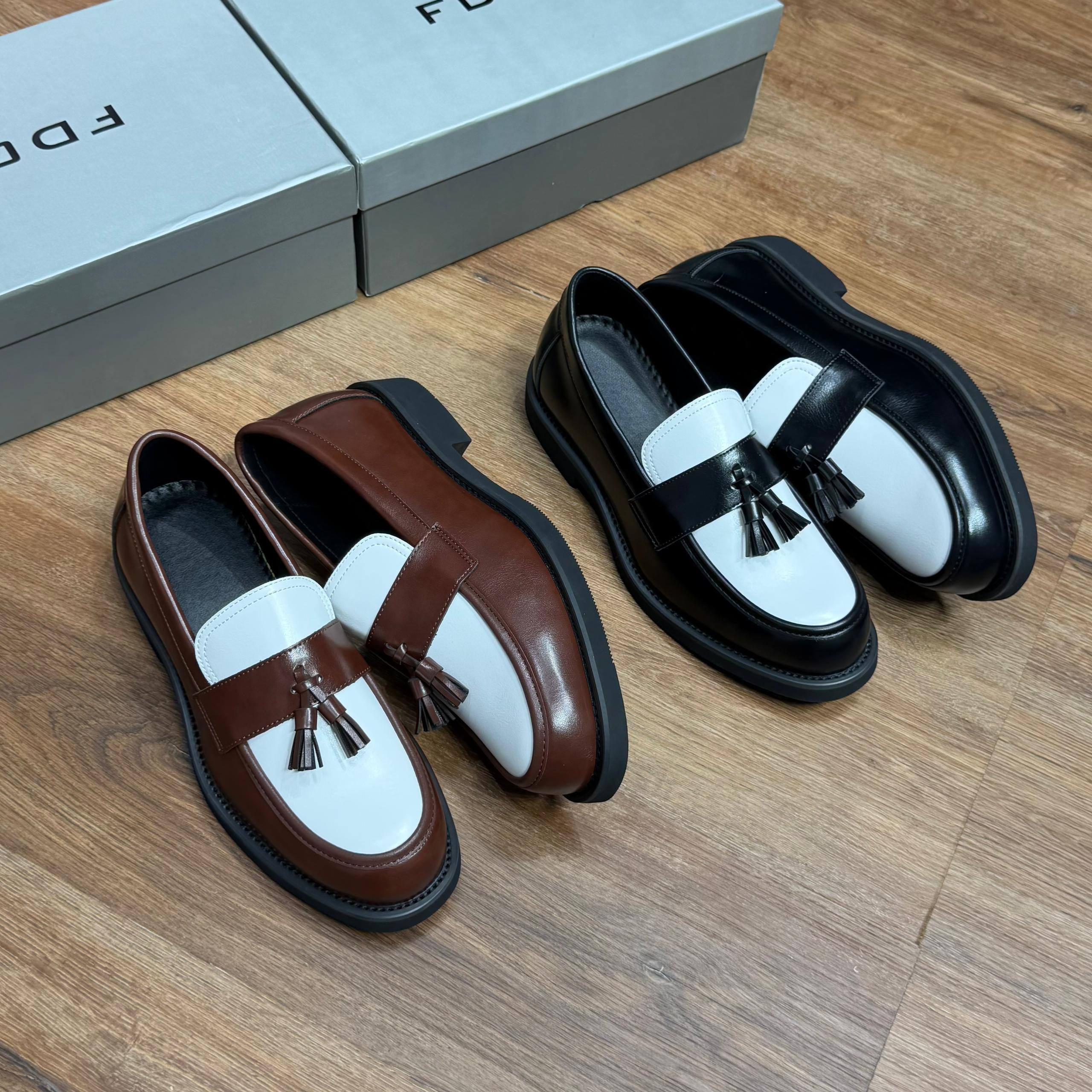 Premium Black & White Leather Tassel Loafers