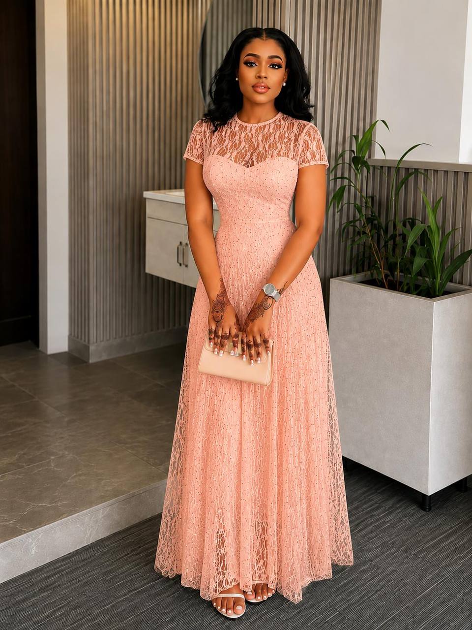 Peach Lace A-line Maxi Dress with Short Sleeves — Fashion — for sale in Oyo